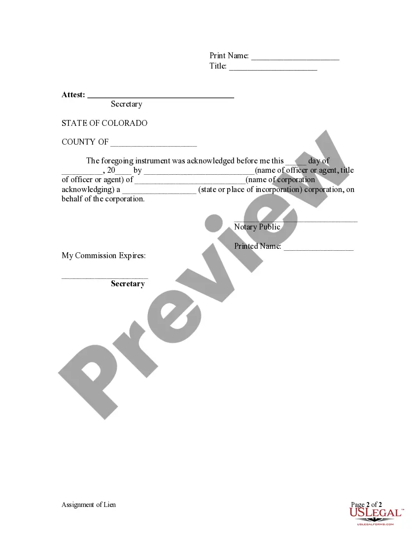 Preview Assignment of Lien - Corporation