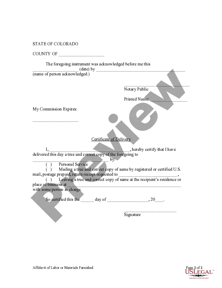 Preview Affidavit of Labor or Materials Furnished - Individual or Corporate