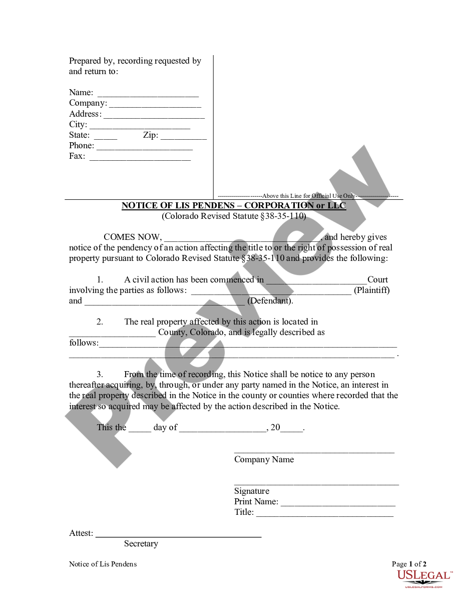 form Notice of Lis Pendens - Corporation or LLC preview