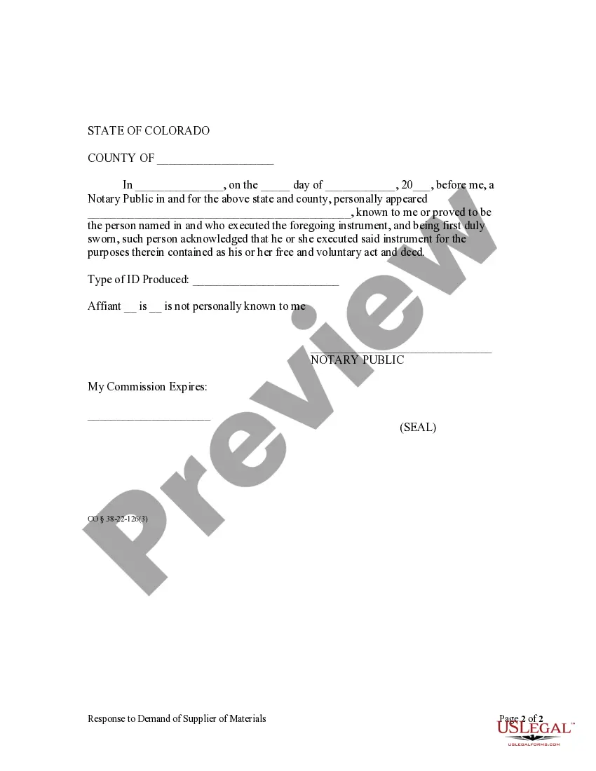 Preview Response to Demand of Supplier of Materials, Machinery, Tools, Laborers, or Services for Information Regarding Owner, Disburser, and Principal Contractor - Corporation