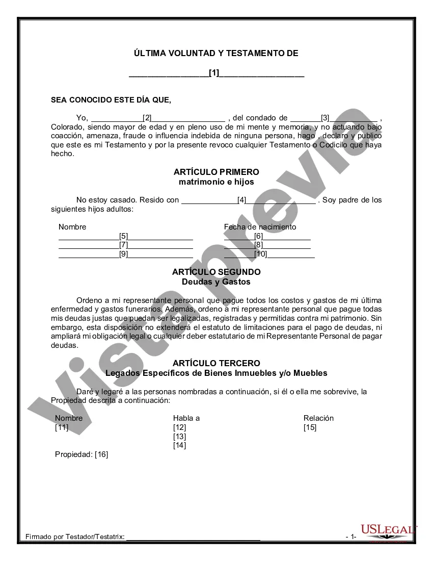 Preview Paquete de Testamentos Mutuos de Últimas Voluntades y Testamentos para Personas Solteras que conviven con Hijos Adultos