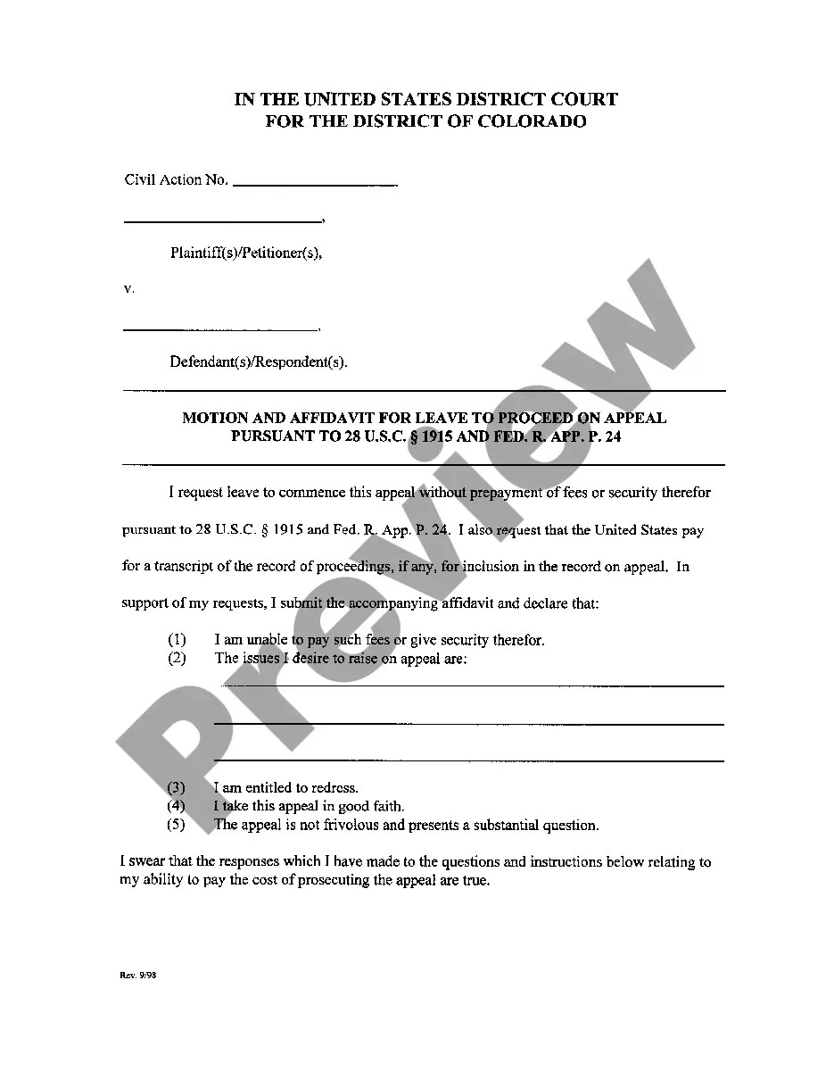 Arvada Colorado Motion and Affidavit for Leave to Proceed on Appeal
