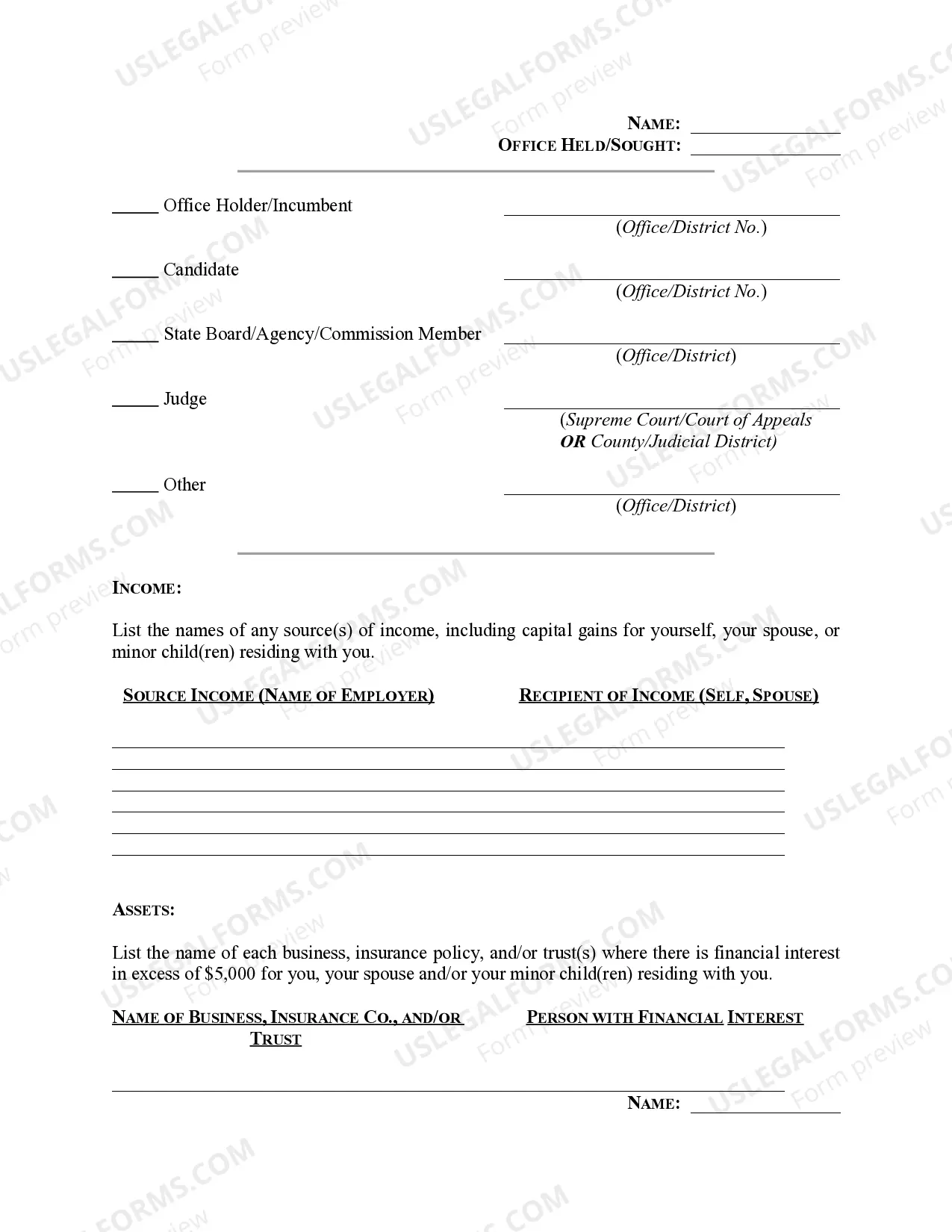 Preview Personal Financial Disclosure Statement of Political Candidate - Colorado