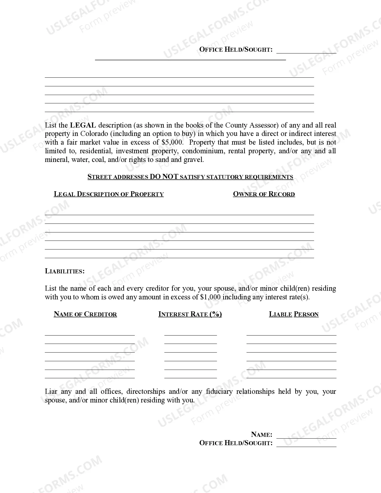 Preview Personal Financial Disclosure Statement of Political Candidate - Colorado