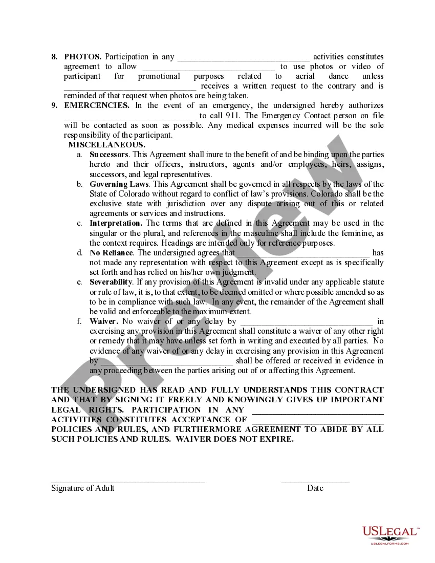 Preview Release of Liability, Waiver, Indemnification, Hold Harmless and Assumption of Risk Agreement