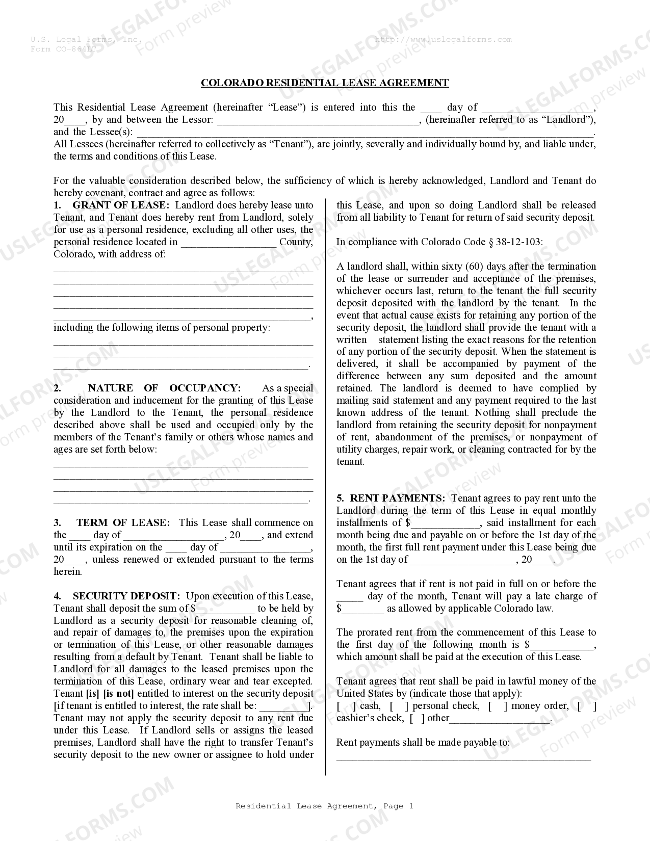 Colorado Residential Rental Lease Agreement - Colorado Lease Agreement