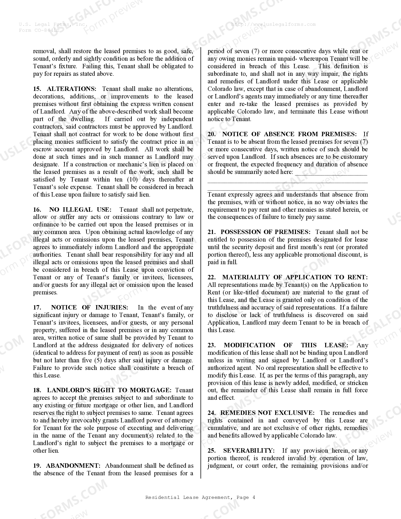 Colorado Residential Rental Lease Agreement - Colorado Lease Agreement