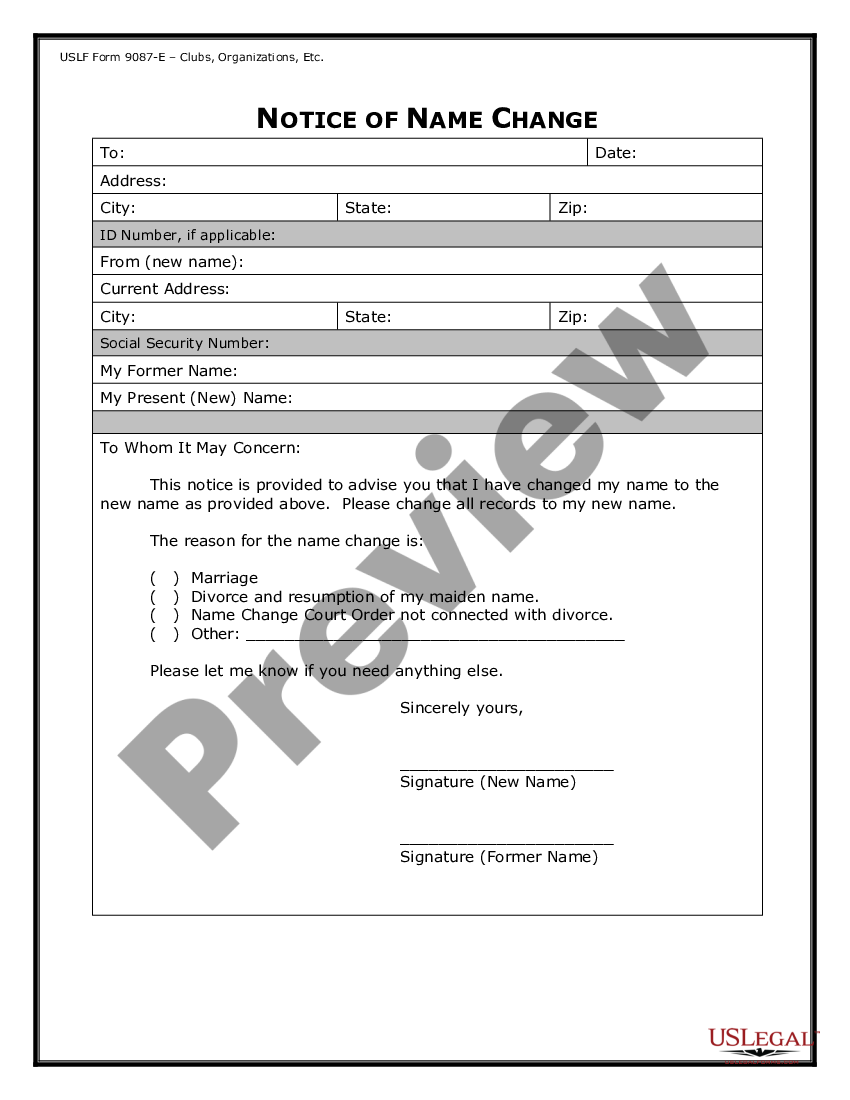 Name change notification package for brides court ordered name change 