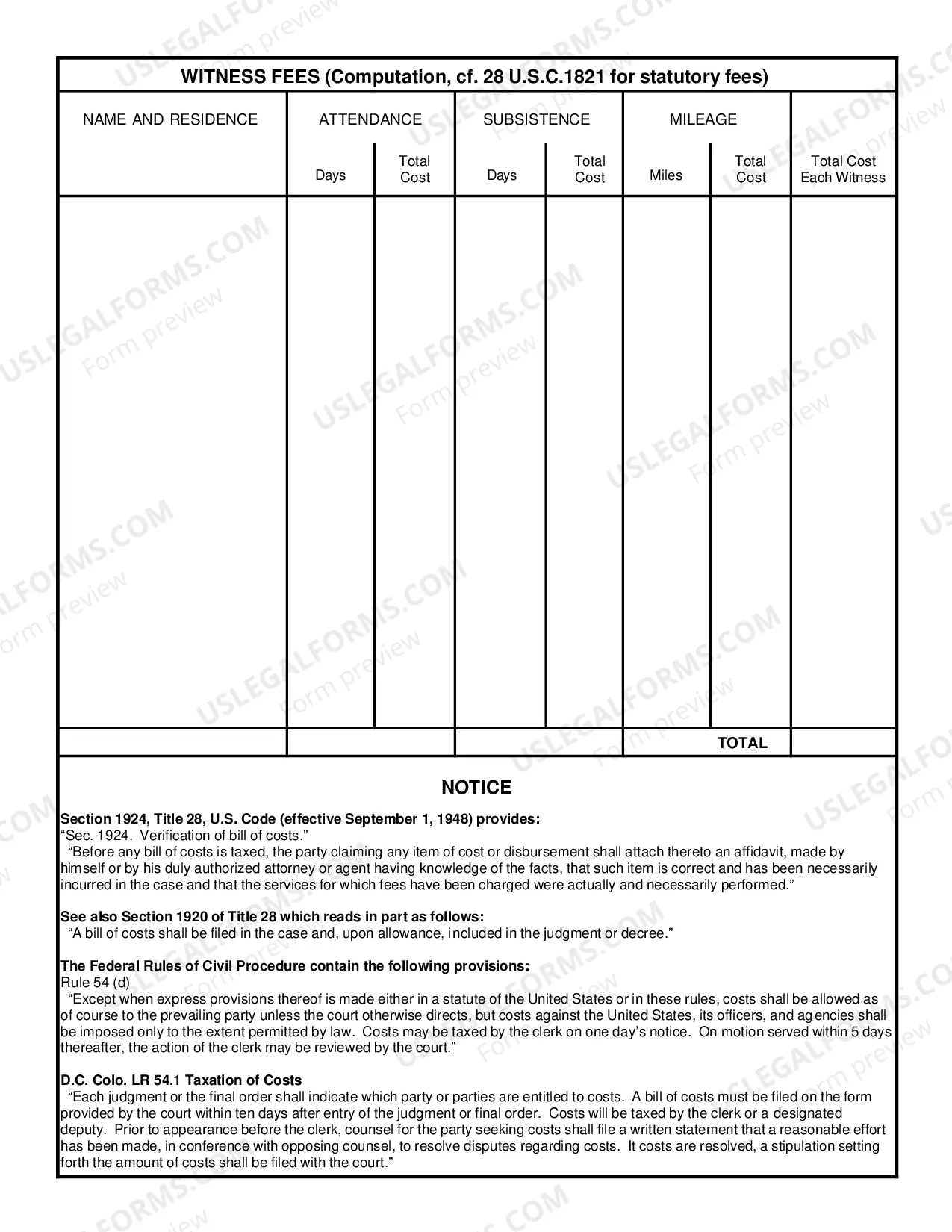 Preview Bill of Costs
