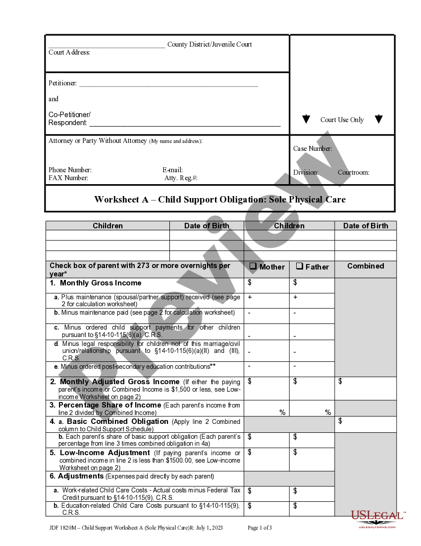 Colorado Springs Colorado Child Support Worksheet A Colorado Child