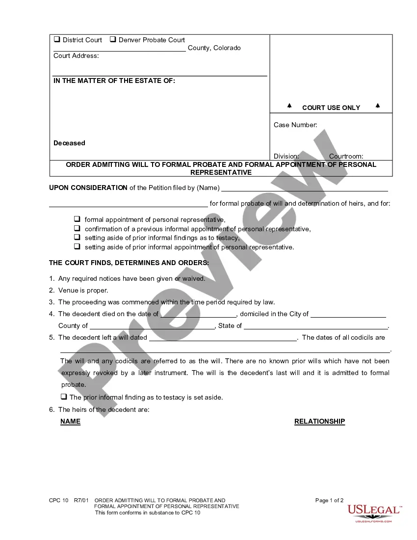 Colorado Order Admitting Will To Formal Probate And Formal Appointment Of Personal 2368