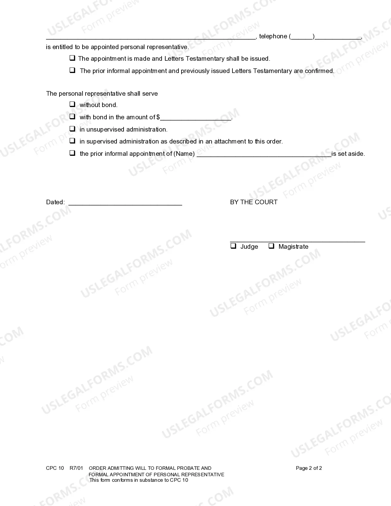 Preview Order Admitting Will to Formal Probate and Formal Appointment of Personal Representative