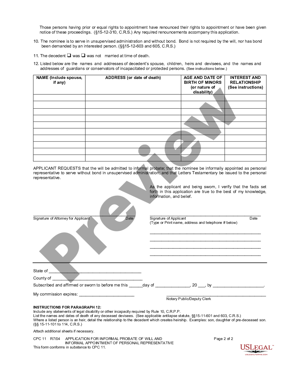 page 1 Application for Informal Probate of Will and Informal Appointment of Personal Representative preview