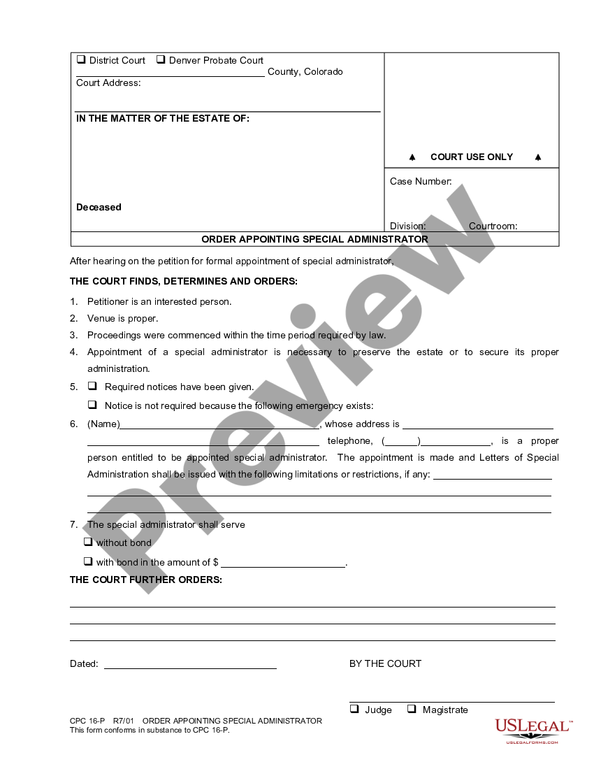 form Order Appointing Special Administrator preview