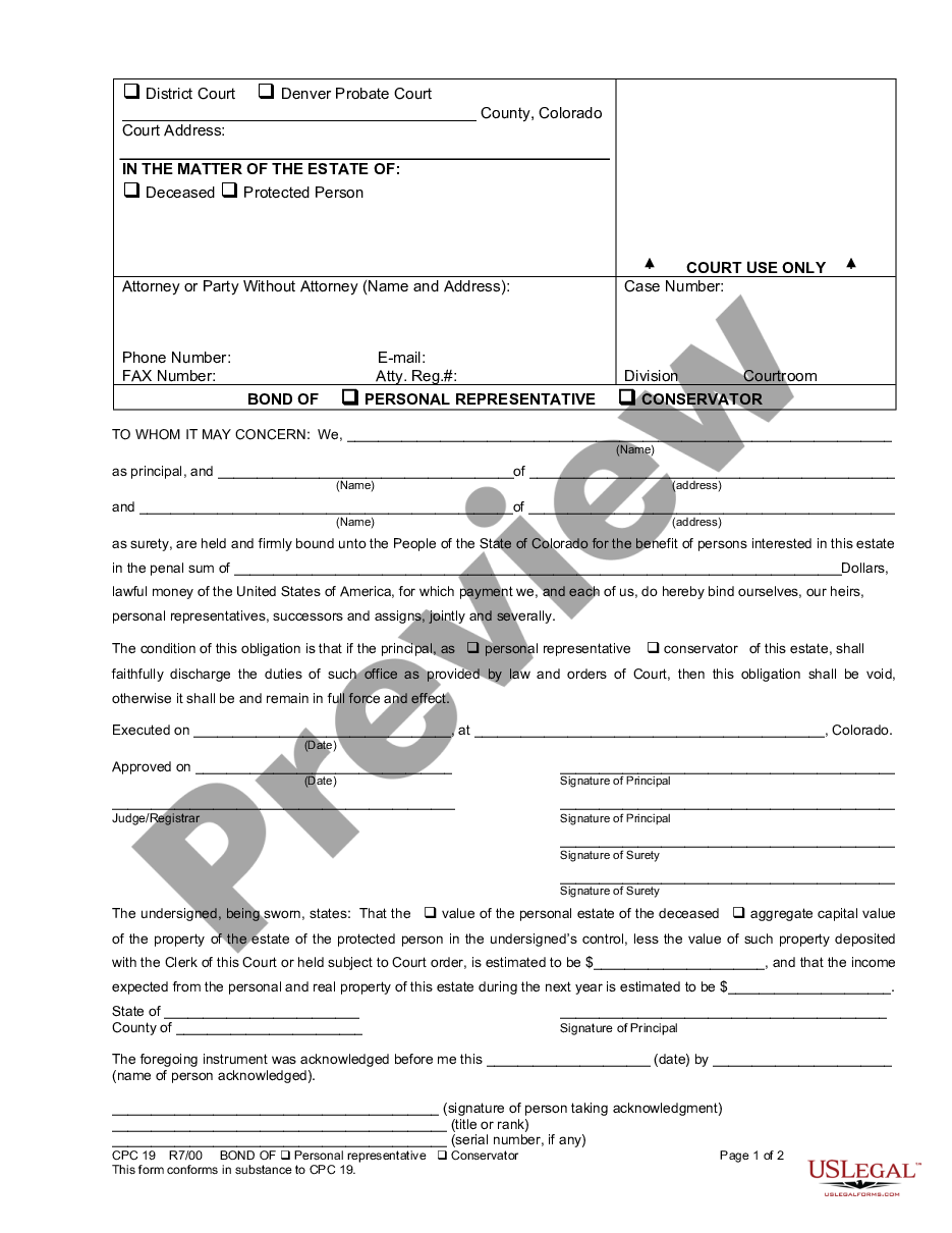 page 0 Bond of Personal Representative - Conservator preview