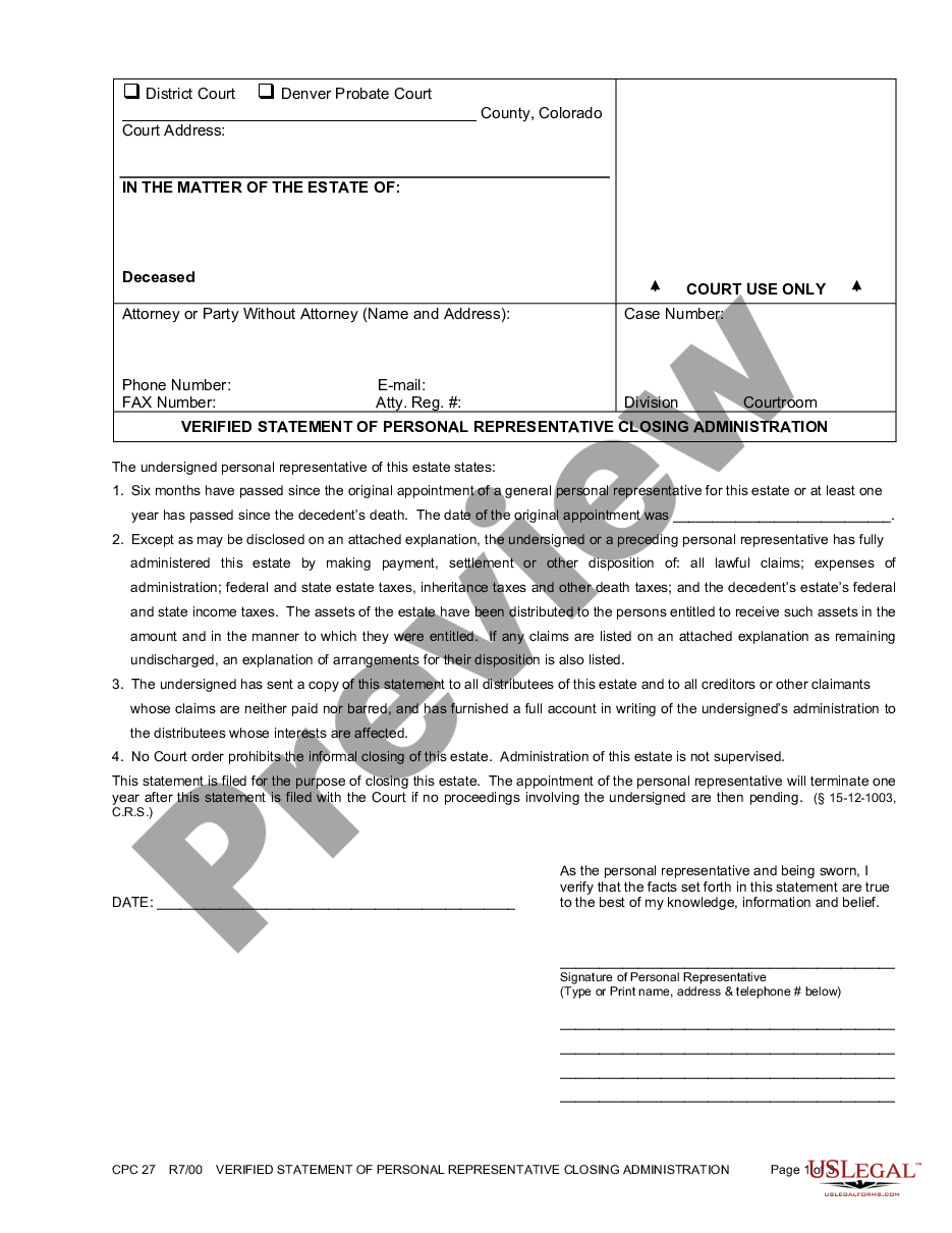 form Verified Statement of Personal Representative Closing Administration preview