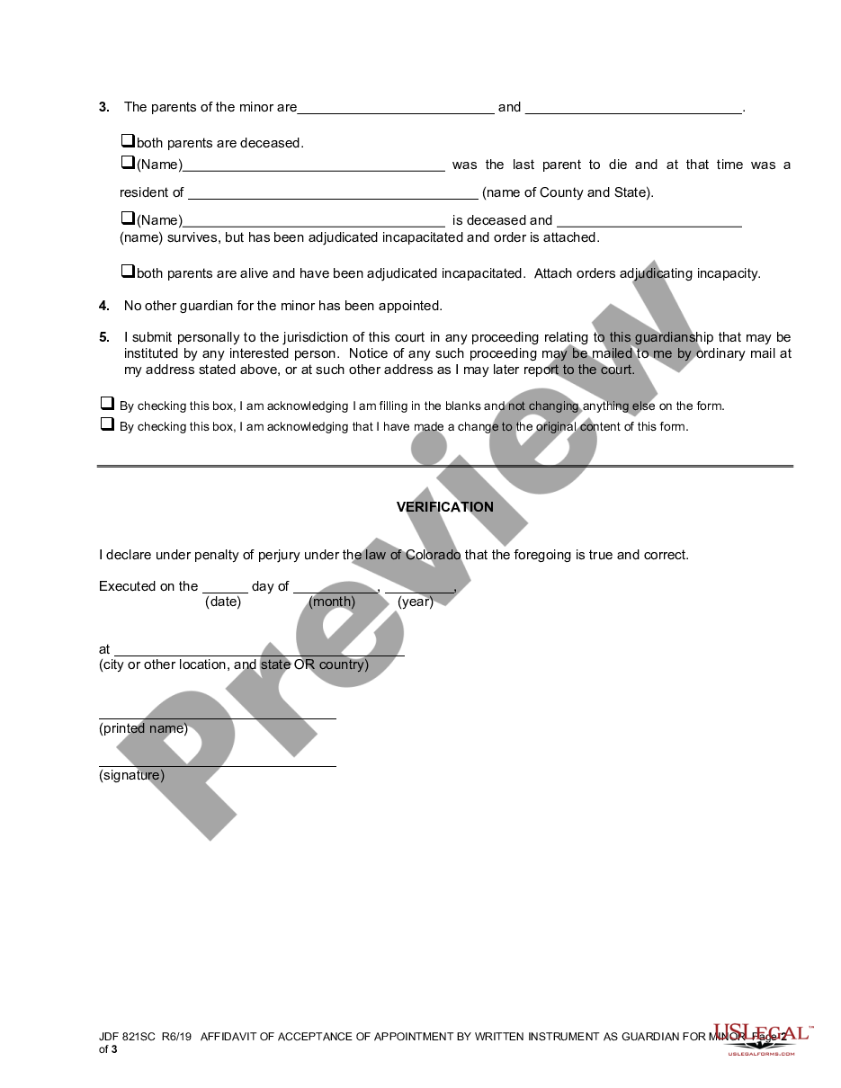 form Affidavit of Acceptance of Appointment by Written Instrument as Guardian for Minor and Notice preview