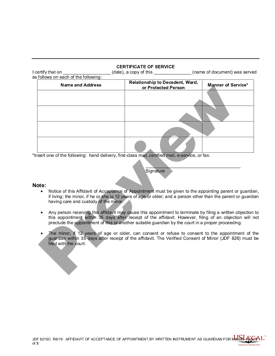page 2 Affidavit of Acceptance of Appointment by Written Instrument as Guardian for Minor and Notice preview