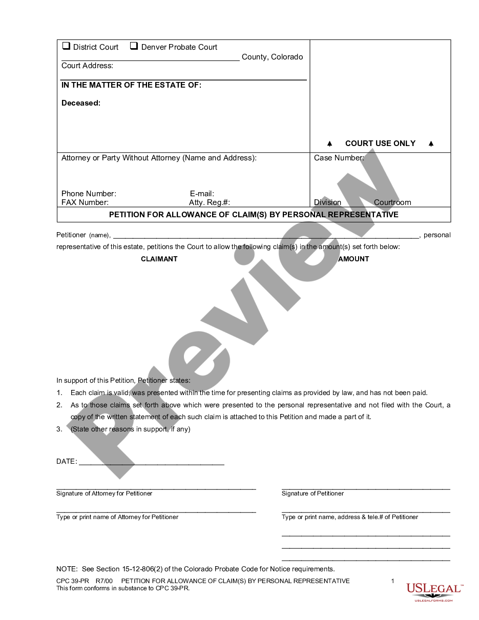 form Petition for Allowance of Claims by Personal Representative preview