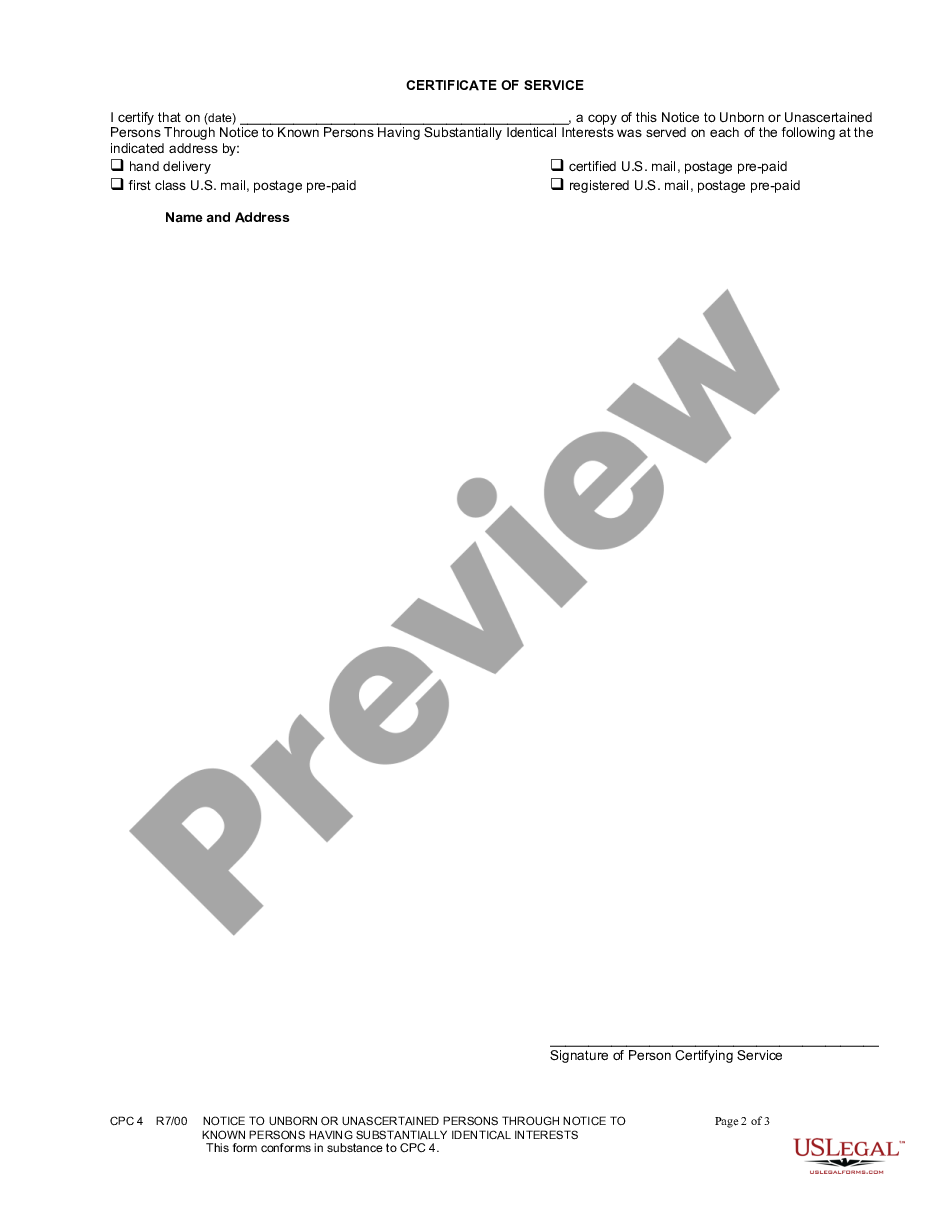 page 1 Notice to Unborn or Unascertained Persons Through Notice to Known Persons Having Substantially Identical Interests preview