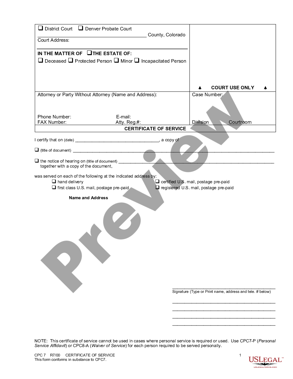 form Certificate of Service preview