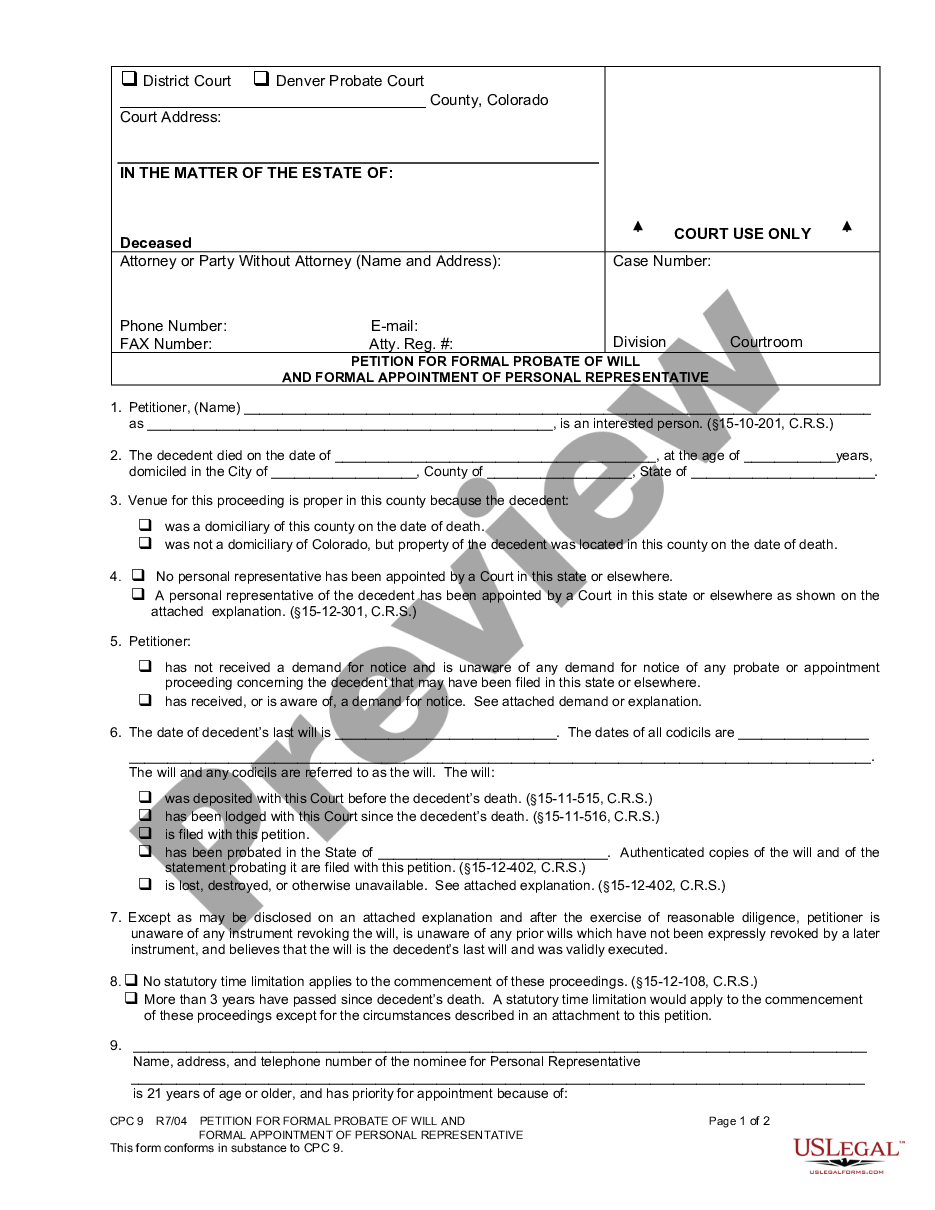 page 0 Petition for Formal Probate of Will and Formal Appointment of Personal Representative preview