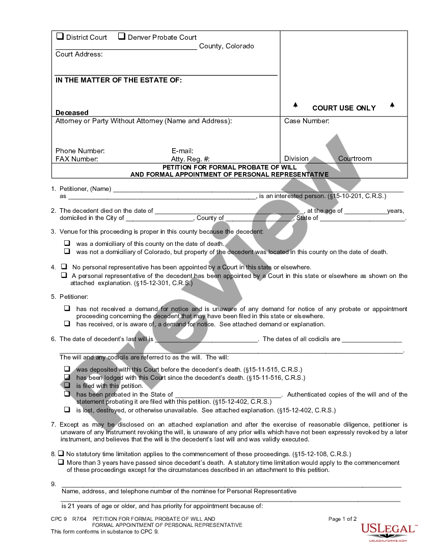 Thornton Colorado Petition For Formal Probate Of Will And Formal 