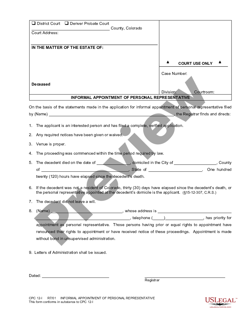 form Informal Appointment of Personal Representative preview