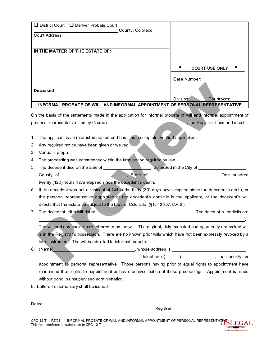 form Informal Probate of Will and Informal Appointment of Personal Representative preview