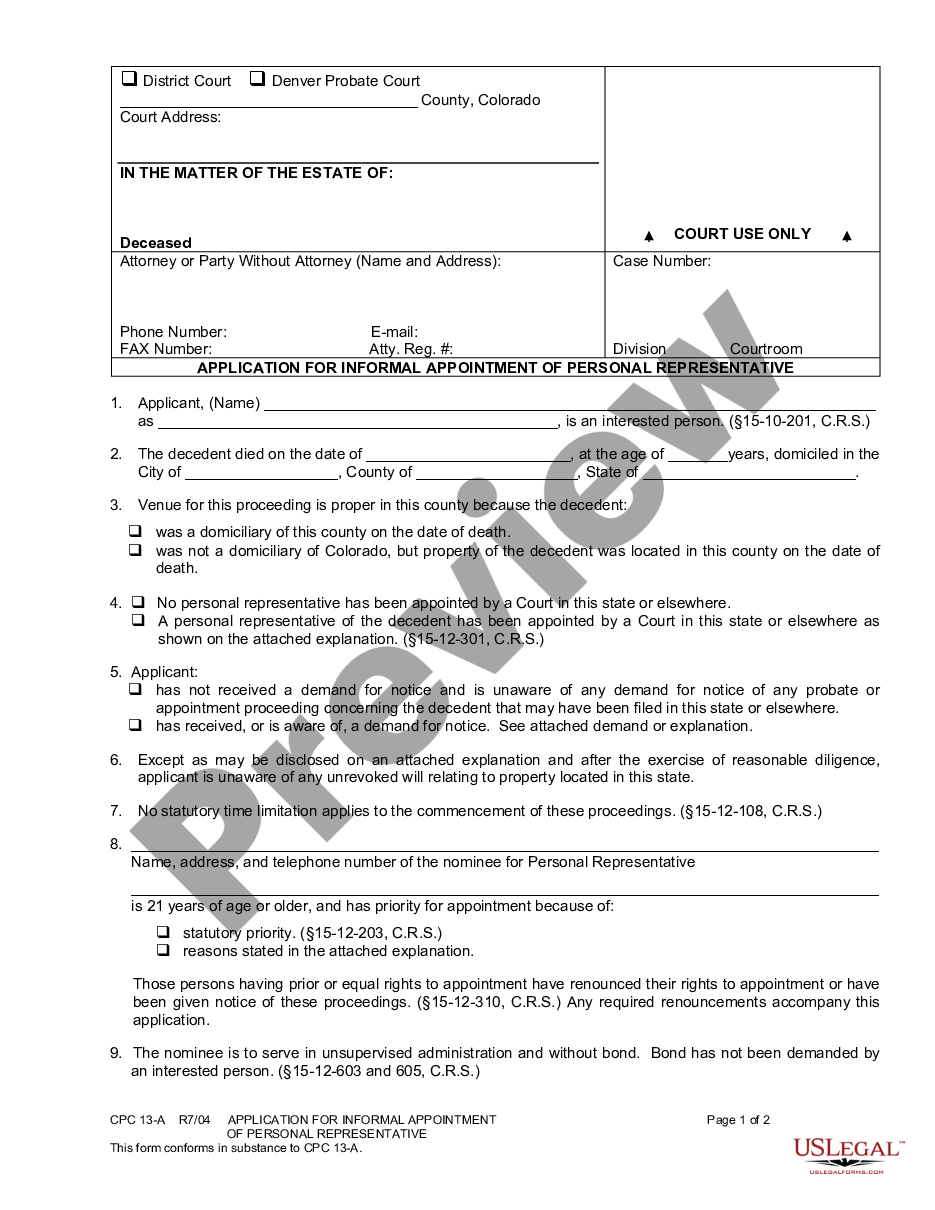 form Application for Informal Appointment of Personal Representative preview