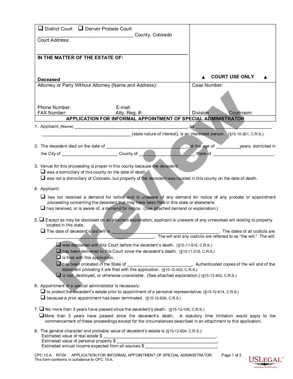 page 0 Application for Informal Appointment of Special Administrator preview