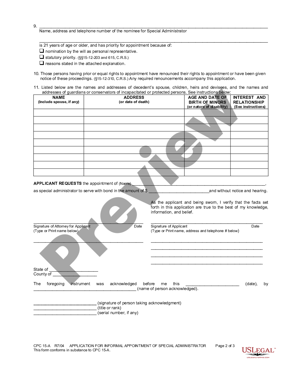 form Application for Informal Appointment of Special Administrator preview