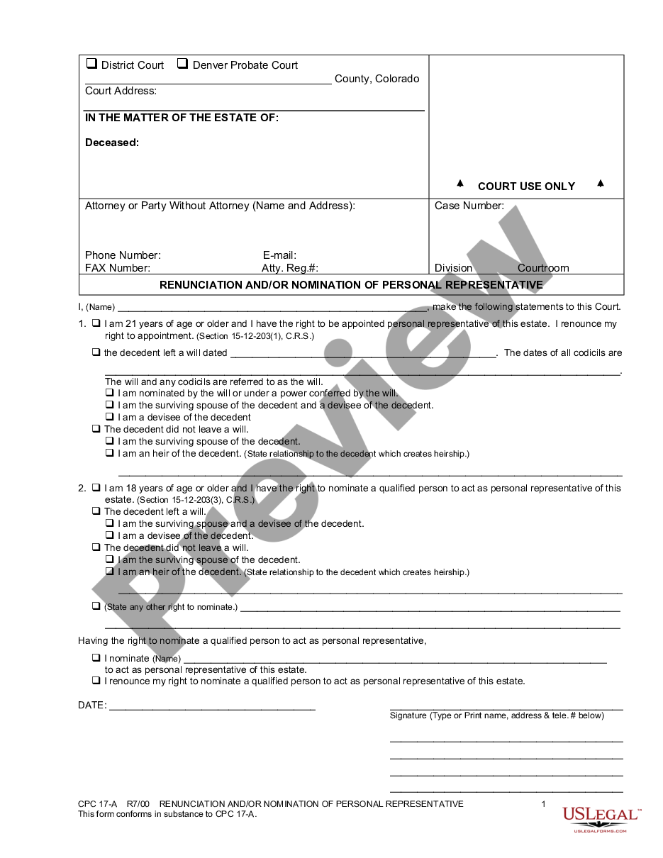 form Renunciation and / or Nomination of Personal Representative preview