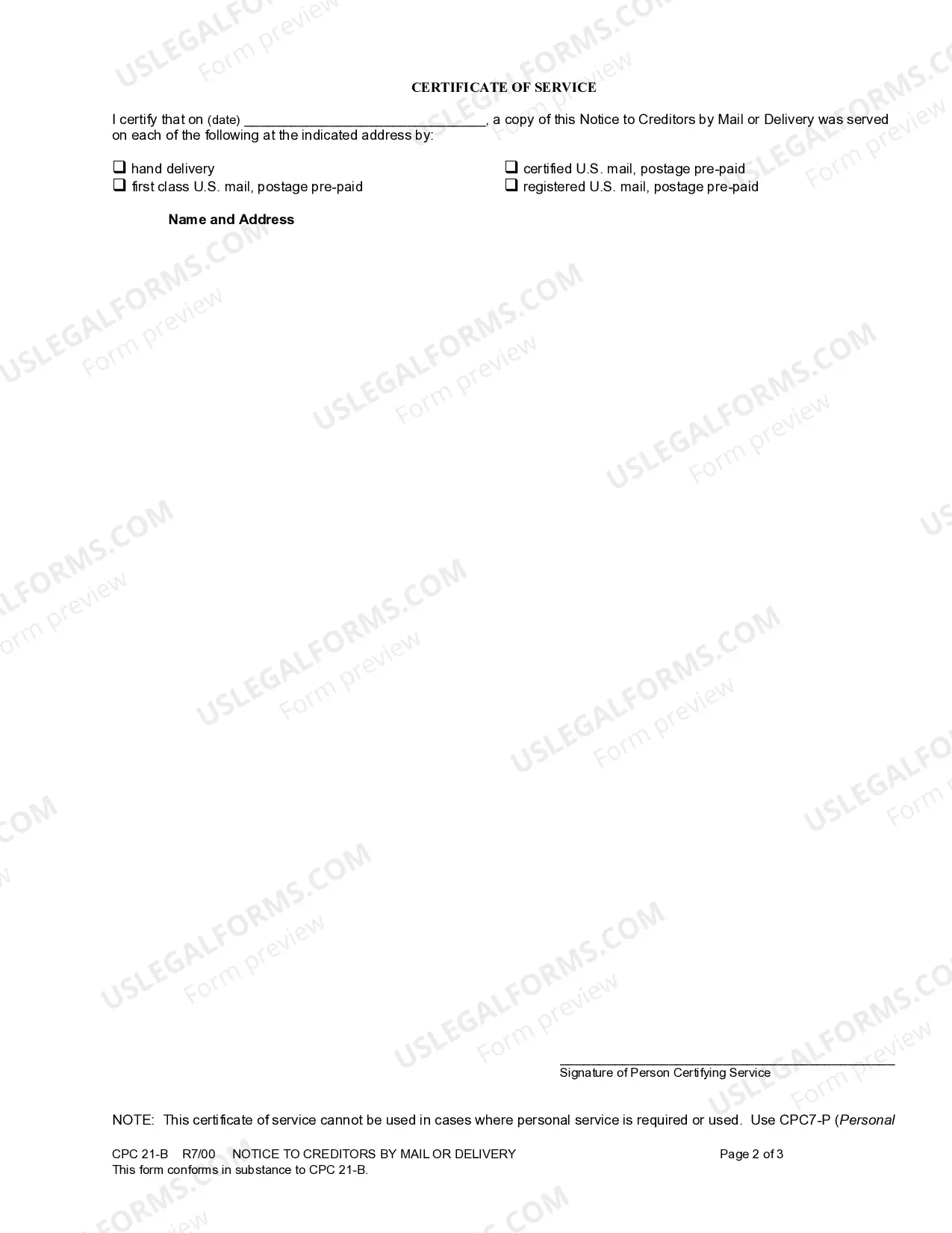 Preview Notice to Creditors by Mail or Delivery