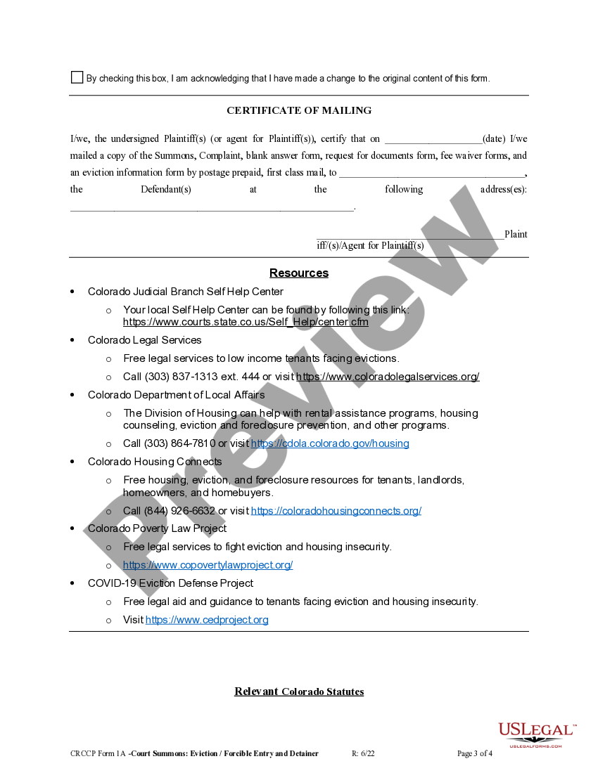 Centennial Colorado Summons in Forcible Entry and Detainer and Unlawful