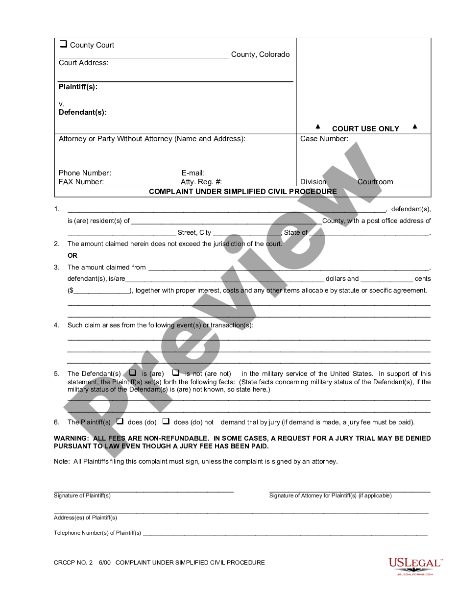 form Complaint Under Simplified Civil Procedure preview