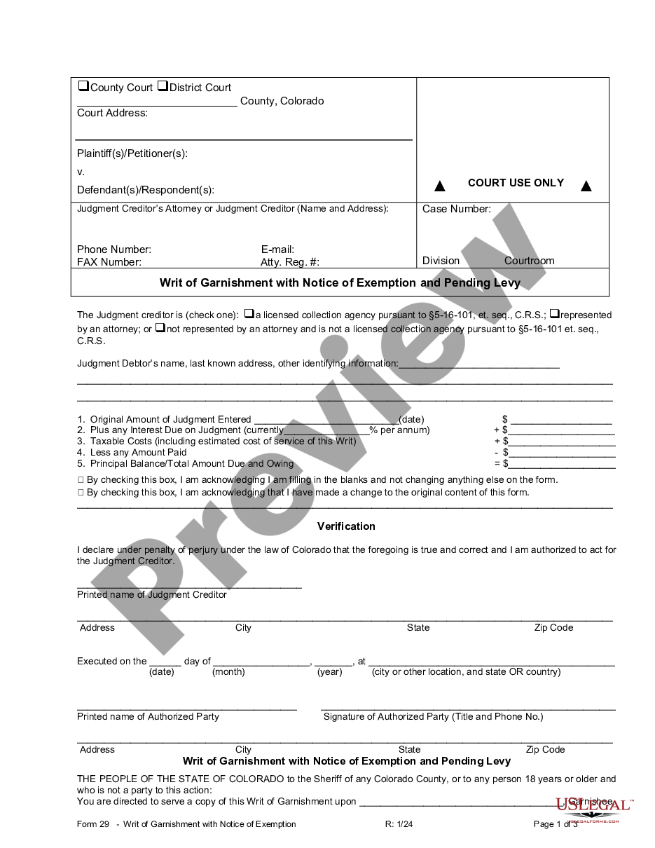 page 0 Writ of Garnishment with Notice of Exemption and Pending Levy preview