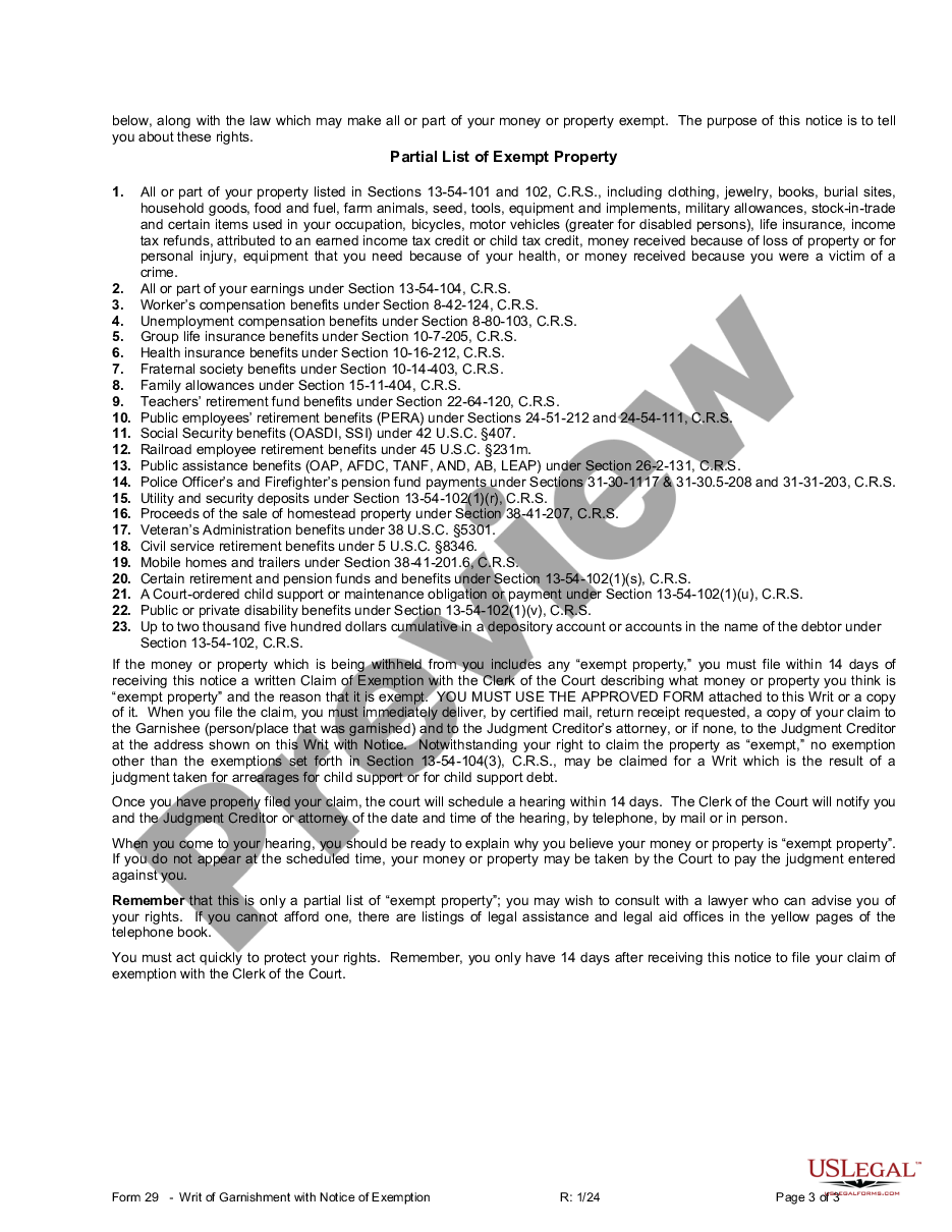 page 2 Writ of Garnishment with Notice of Exemption and Pending Levy preview