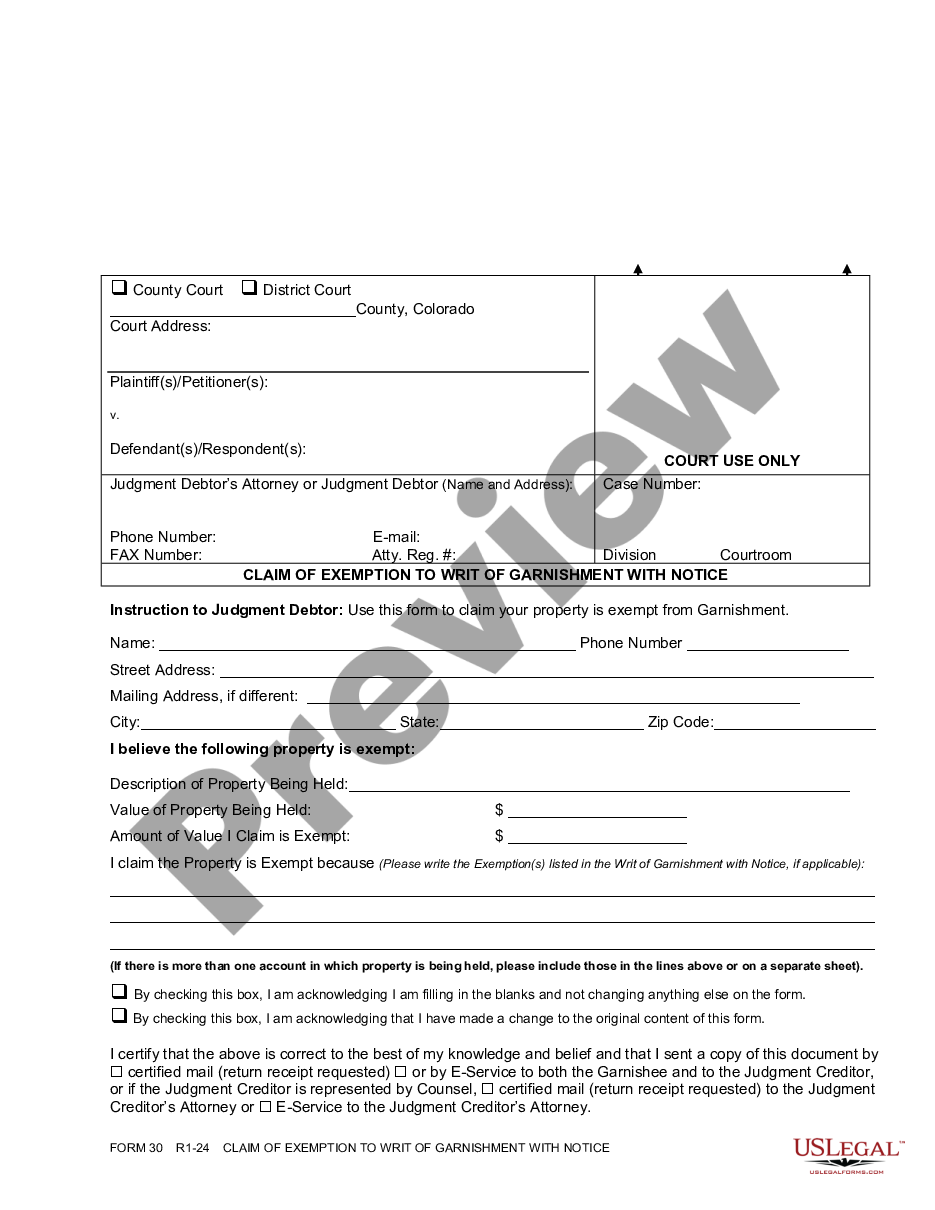 page 0 Claim of Exemption to Writ of Garnishment With Notice preview