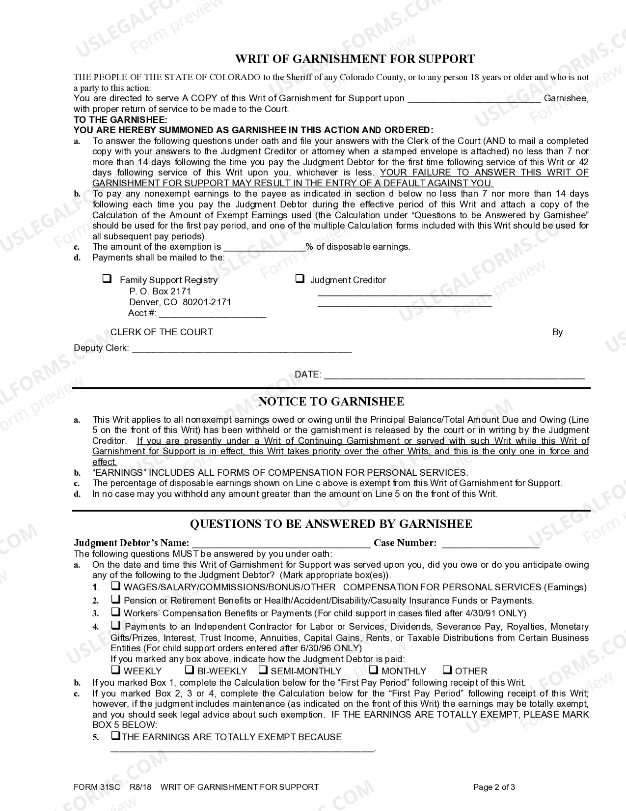 Preview Writ of Garnishment for Support