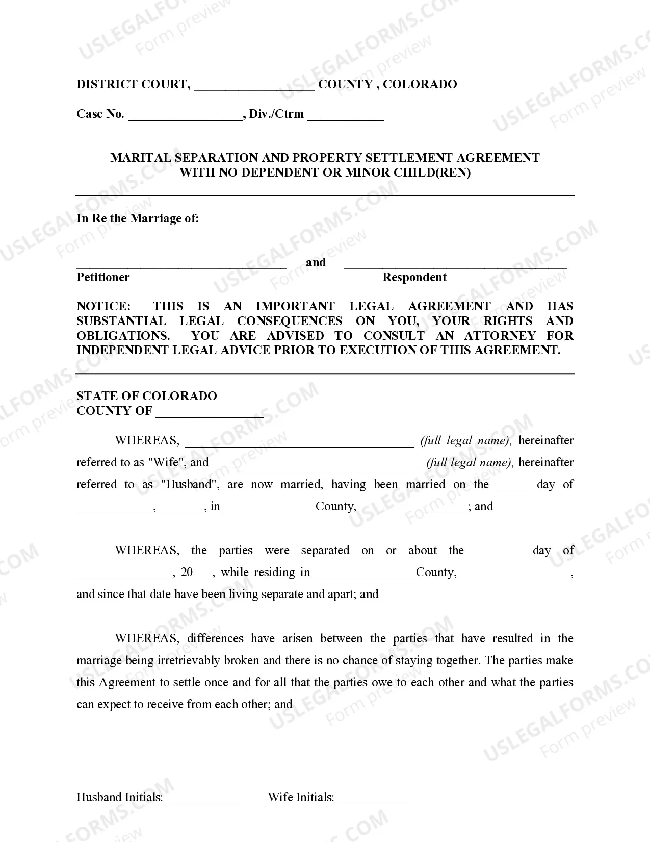 Preview Marital Legal Separation and Property Settlement Agreement where No Children or No Joint Property or Debts and Divorce Action Filed