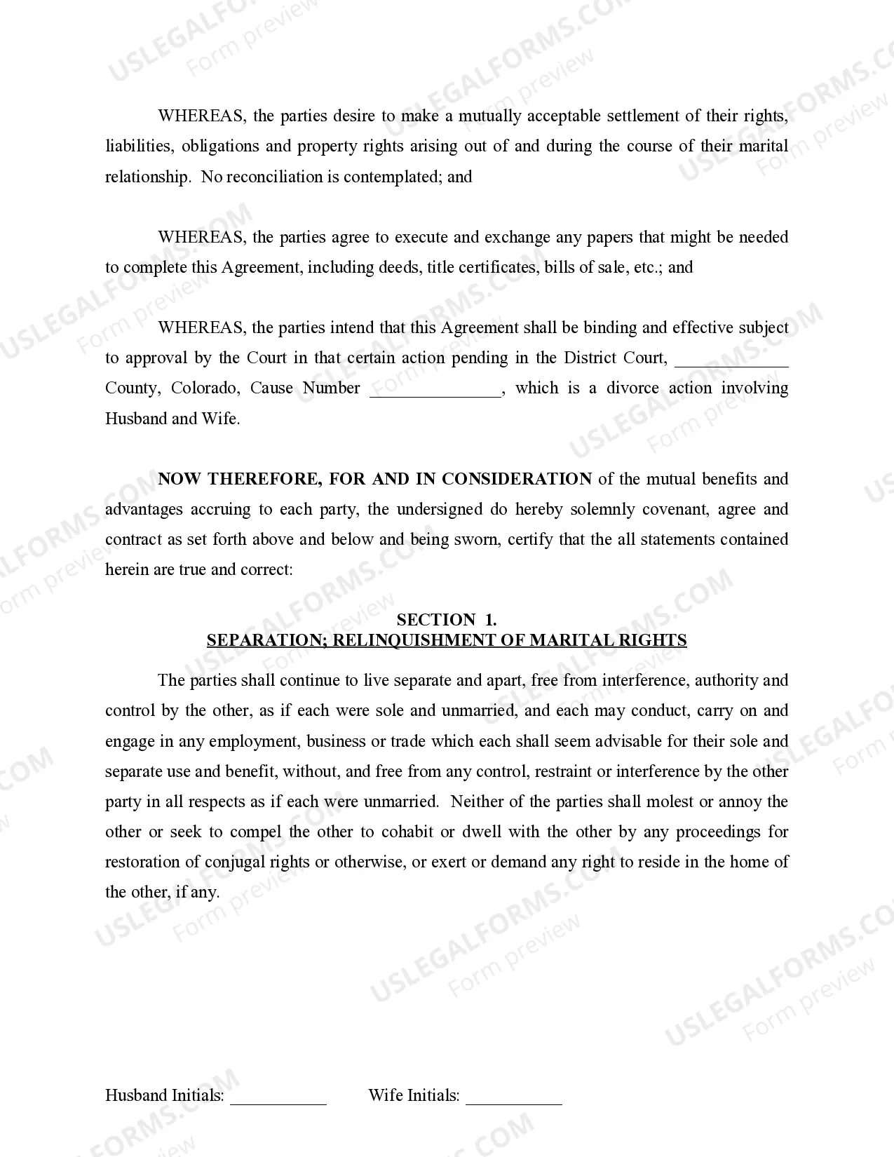 Preview Marital Legal Separation and Property Settlement Agreement where No Children or No Joint Property or Debts and Divorce Action Filed
