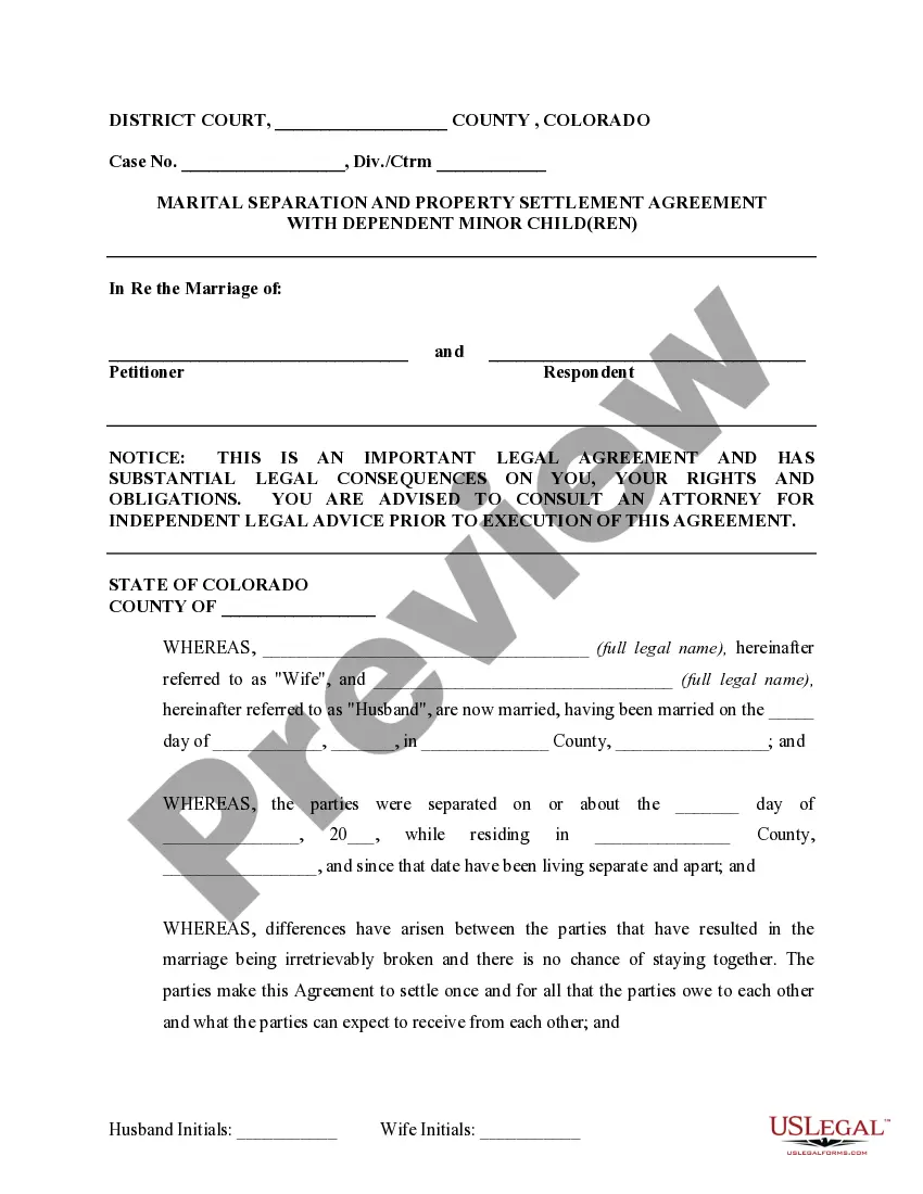 Preview Marital Legal Separation and Property Settlement Agreement where Minor Children and No Joint Property or Debts and Divorce Action Filed