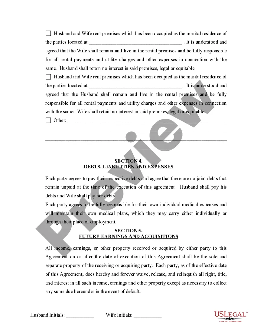 Preview Marital Legal Separation and Property Settlement Agreement where Minor Children and No Joint Property or Debts and Divorce Action Filed