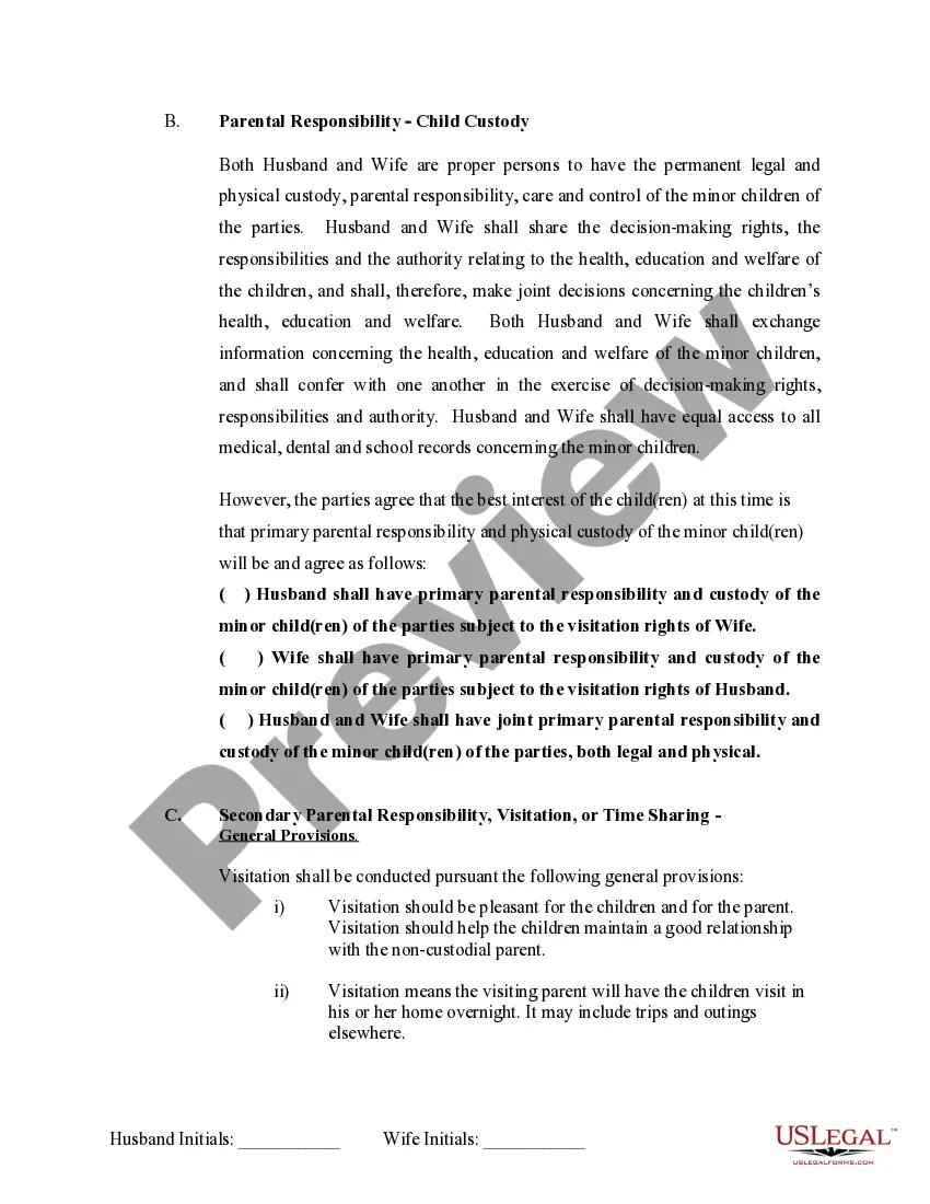 Preview Marital Legal Separation and Property Settlement Agreement where Minor Children and No Joint Property or Debts and Divorce Action Filed
