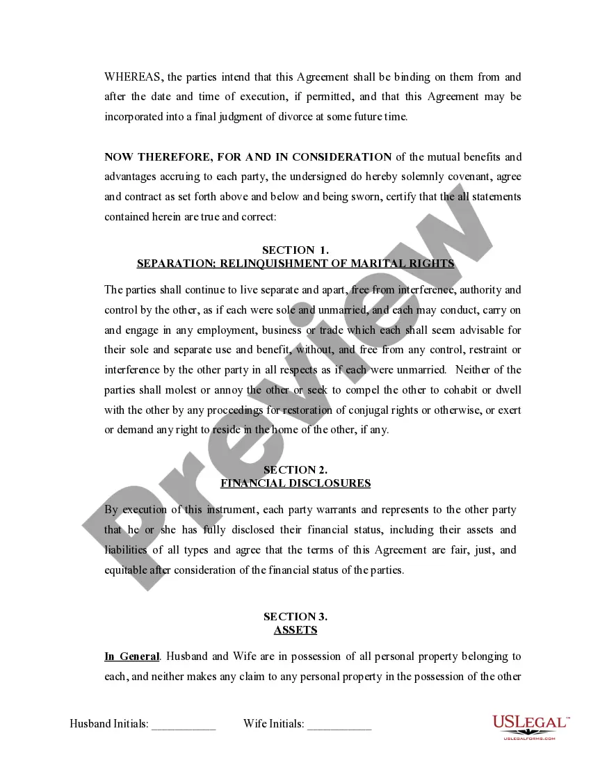 Preview Marital Legal Separation and Property Settlement Agreement where Minor Children and No Joint Property or Debts that is Effective Immediately