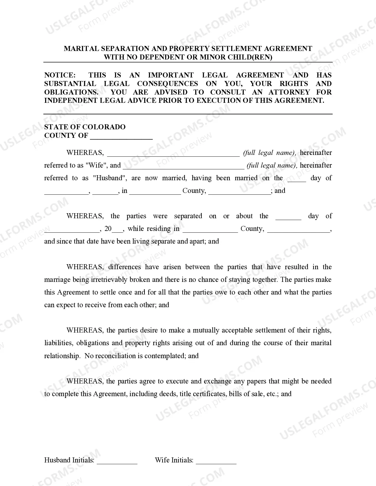 Preview Marital Legal Separation and Property Settlement Agreement for persons with no Children, No Joint Property or Debts Effective Immediately