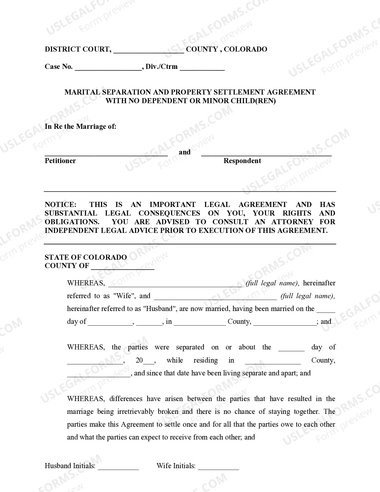 Preview Marital Legal Separation and Property Settlement Agreement where No Children and parties may have Joint Property and / or Debts and Divorce Action Filed