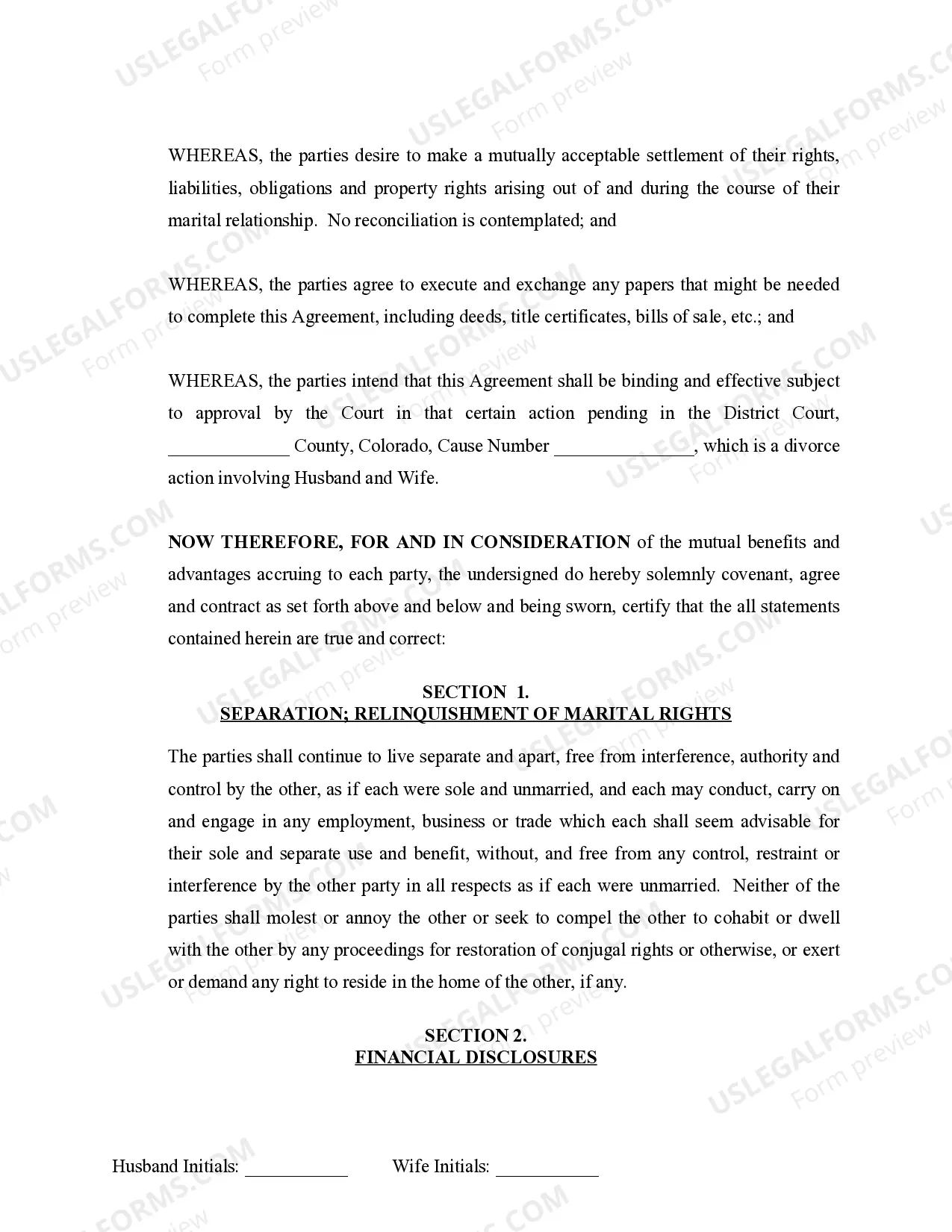 Preview Marital Legal Separation and Property Settlement Agreement where No Children and parties may have Joint Property and / or Debts and Divorce Action Filed