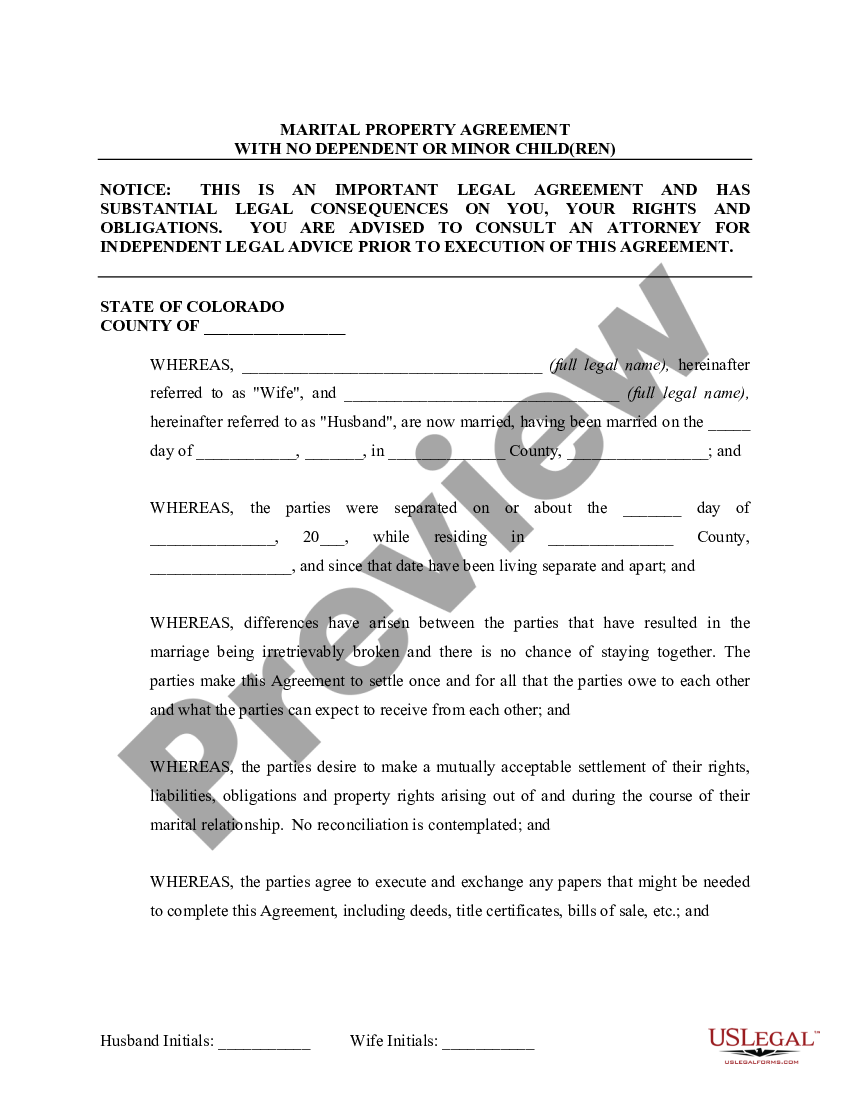 Colorado Marital Legal Separation and Property Settlement Agreement no